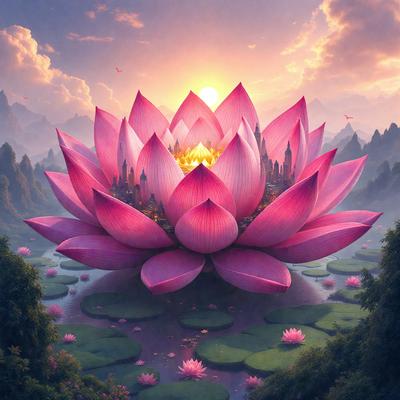 The primary subject of the image is a large, pink flower with a cityscape in the background. The flower is situated in a pond, surrounded by a variety of smaller flowers. The visual style of the image is digital art, with the flower and cityscape depicted in a vibrant and colorful manner. The colors and mood of the image are predominantly pink, creating a warm and inviting atmosphere.